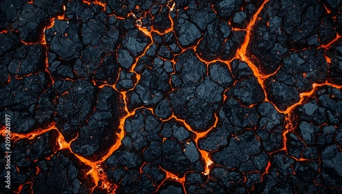 Volcanic Lava Flows Creating Cracks and Bright Orange Lines on the Dark Surfa...