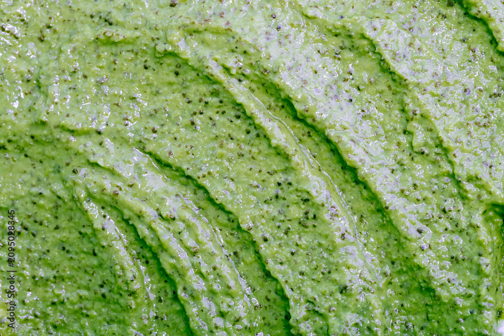 Obraz premium Green smoothie with celery, spinach, kiwi, cucumber and other vegetables and fruits. Healthy yogurt. Sorbet texture. Delicious diet food close-up as a background.
