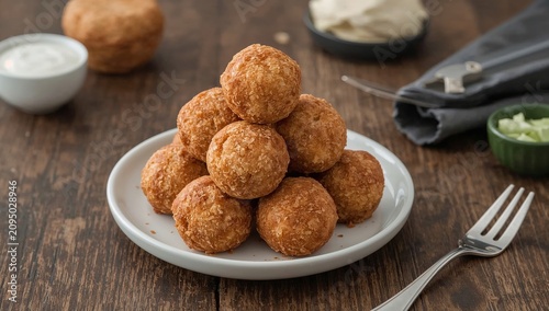 Fried Coconut Balls With a Creamy Filling on a White Plate Sit on a Gray Surface