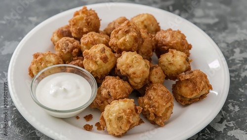 Crispy Fried Snacks Served With Dipping Sauce on a White Plate