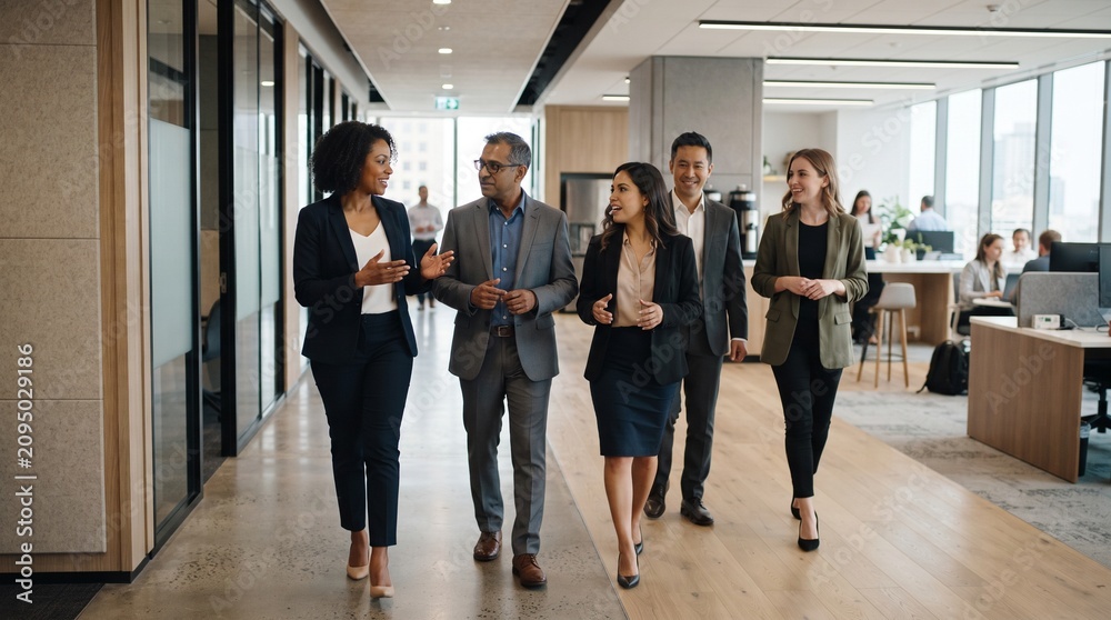Fototapeta premium A diverse group of five business professionals walking and talking in a modern office hallway. They are all dressed in professional attire and appear engaged in conversation