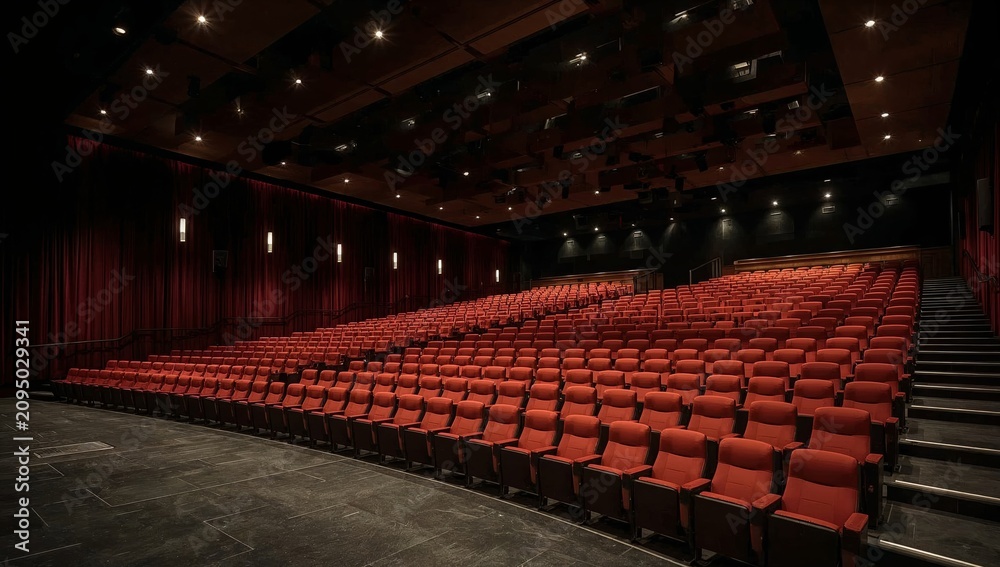 Naklejka premium Empty Theater With Red Seats and Black Stage Lighting at Evening Time