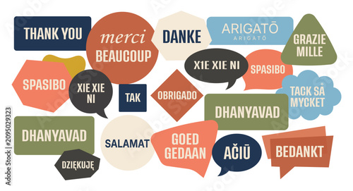 Collection of thank you speech bubbles in multiple languages on a white background