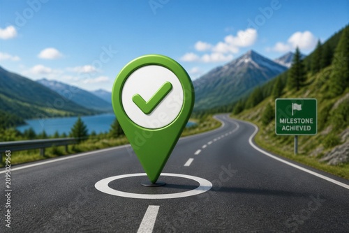 A green location pin stands on the road with a check mark. In the background, mountains and trees are visible. A milestone sign shows that a goal has been reached.