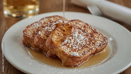 Delicious Slices of French Toast With Syrup and Powdered Sugar on a Plate