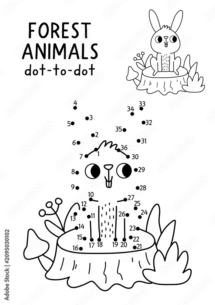 Obraz premium Vector forest dot-to-dot and color activity with cute hare. Black and white connect the dots game for children with funny woodland animal. Line printable worksheet with rabbit sitting on tree stump