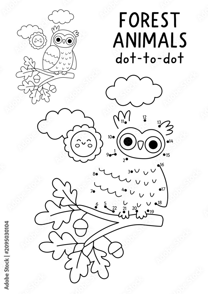Obraz premium Vector forest dot-to-dot and color activity with cute owl sitting on oak tree branch. Black and white connect the dots game for children with funny woodland animal, bird. Line printable worksheet
