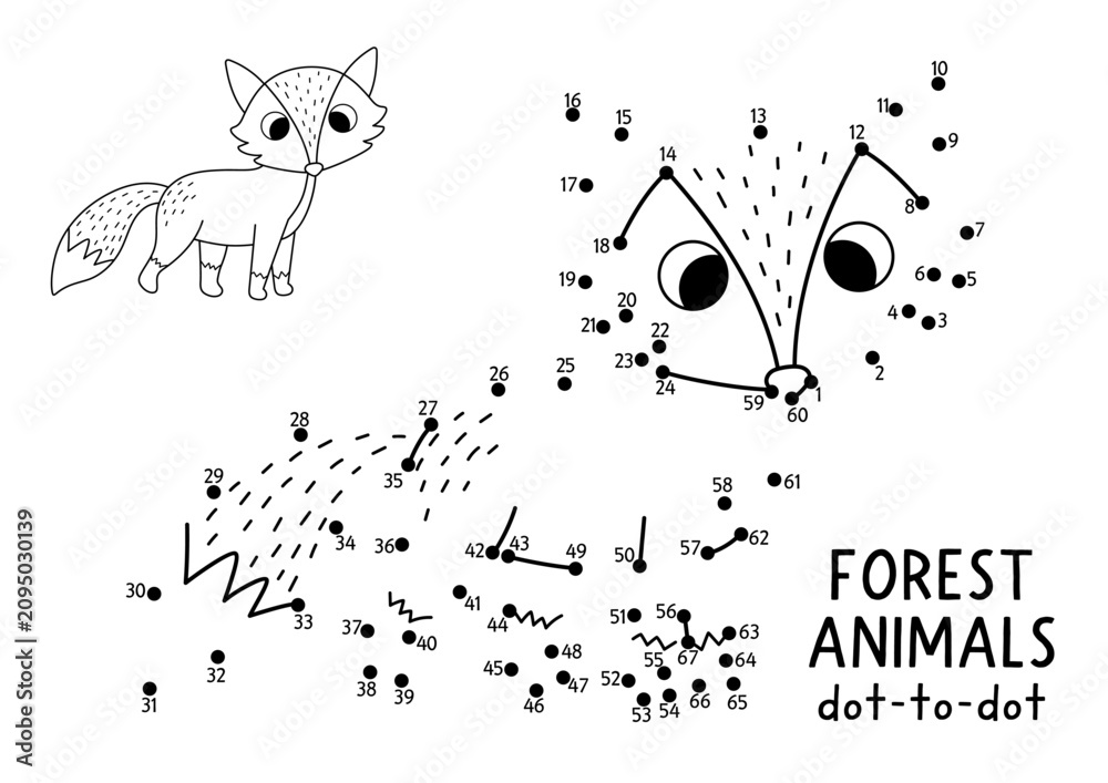 Fototapeta premium Vector forest dot-to-dot and color activity with cute fox. Black and white connect the dots game for children with funny woodland animal. Line printable worksheet