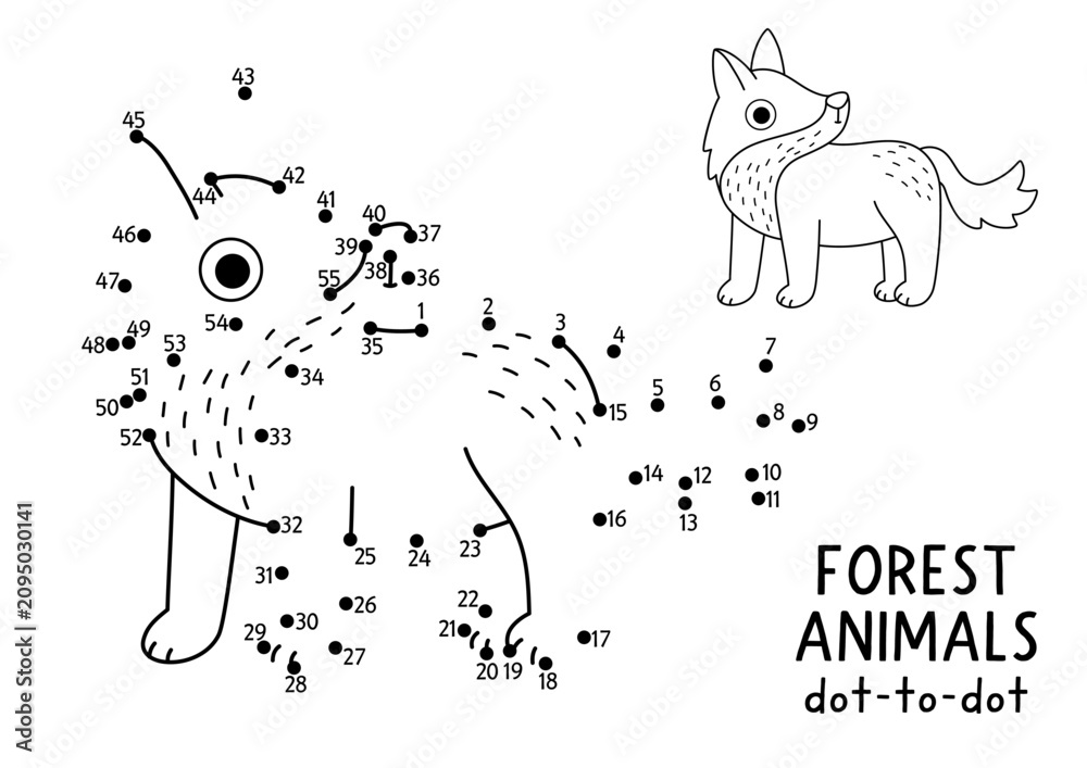 Obraz premium Vector forest dot-to-dot and color activity with cute wolf. Black and white connect the dots game for children with funny woodland animal. Line printable worksheet