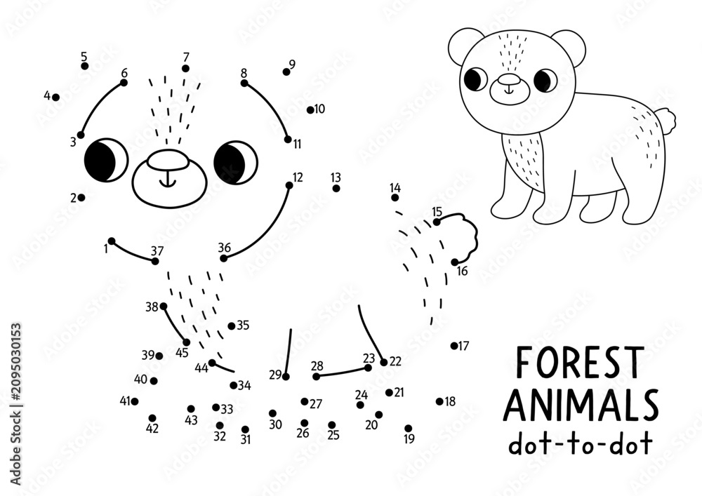 Obraz premium Vector forest dot-to-dot and color activity with cute bear. Black and white connect the dots game for children with funny woodland animal. Line printable worksheet