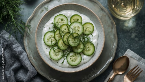 Fresh Cucumber and Cottage Cheese Salad With Herbs Served in a Bowl on a Table