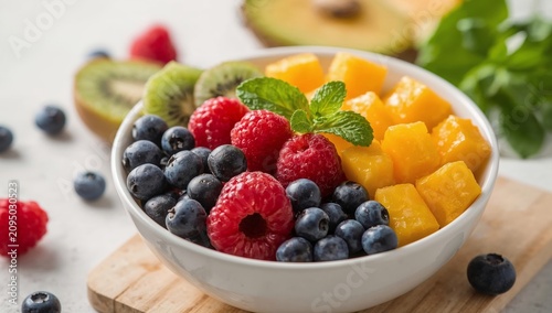 Fresh Fruit Bowl With Berries, Kiwi, and Melon at Breakfast Time in a Kitchen