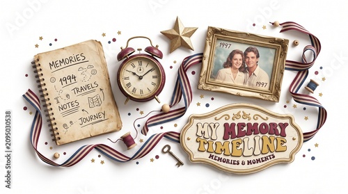 Memory Timeline Collage With Vintage Photo, Notebook, Alarm Clock, Ribbons and Confetti