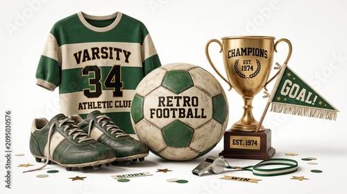 Vintage Football Championship Trophy Jersey Cleats and Soccer Ball Displayed with Championship Elements