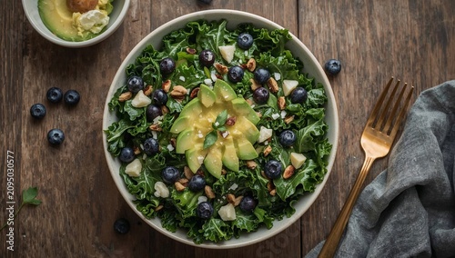 Fresh Kale Salad With Blueberries and Sliced Avocado on a Wooden Table