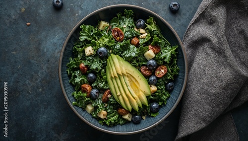 Fresh Kale Salad With Blueberries and Sliced Avocado on a Wooden Table