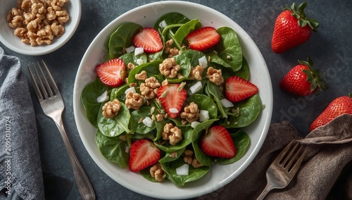 Salad With Spinach, Strawberries, and Walnuts Served on a White Plate in a Ki...