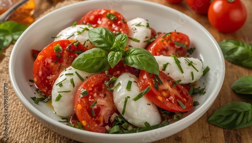 Bowl of Fresh Salad With Tomatoes, Mozzarella, and Basil on a Wooden Table