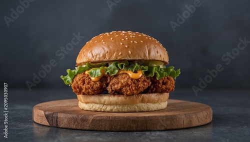 Tasty Fried Chicken Sandwich With Cheese, Lettuce, Tomato, and Fries on a Woo...