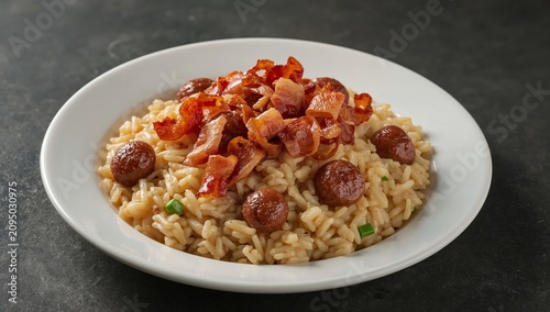 Delicious Dish of Rice With Bacon and Sausage Served in a White Bowl on a Dar...