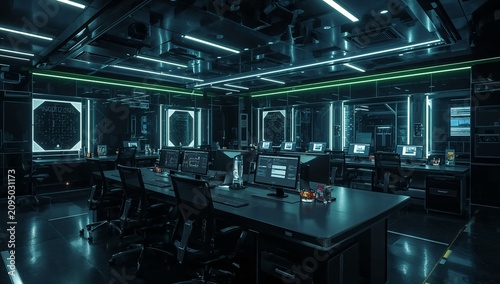 Modern Control Room With Multiple Screens and Workstations in a High-Tech Set...