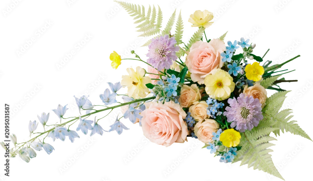 Fototapeta premium Delicate floral arrangement with pink roses and bluebells isolated on transparent background