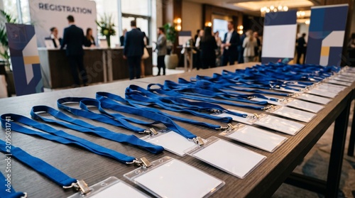 Blue lanyards name tags arranged event preparation table
