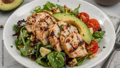 Grilled Chicken Salad With Fresh Vegetables and Avocado Served on a White Plate
