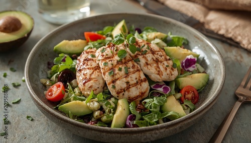 Grilled Chicken Salad With Fresh Vegetables and Avocado Served on a White Plate