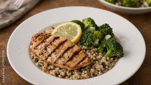Grilled Chicken Breast Served With Broccoli and Couscous in a Simple Dish