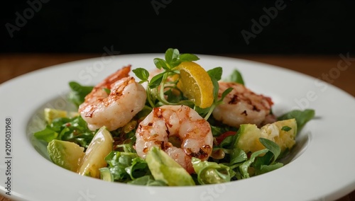 Shrimp Salad With Fresh Vegetables and Lemon Served in a White Bowl on a Gray...