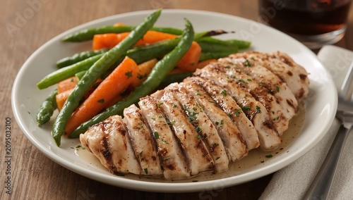 Delicious Grilled Chicken Breast Served With Green Beans and Carrots on a Sim...
