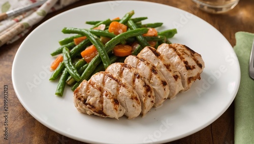 Delicious Grilled Chicken Breast Served With Green Beans and Carrots on a Sim...