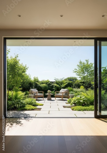 A modern sliding glass door opens onto a serene stone patio featuring green garden plants and comfortable outdoor furniture on a sunny day, design, summer, chairs