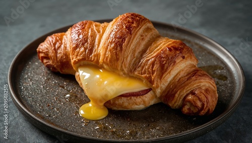 Fresh Croissant on a Wooden Board With Butter and Cream Served at Breakfast