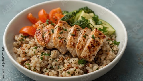 Healthy Meal With Chicken, Vegetables, and Grains Served in a Bowl on a Blue ...