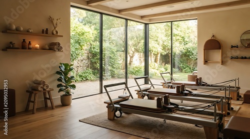 Bright pilates studio interior with large windows overlooking a lush green garden and exercise equipment setup for wellness