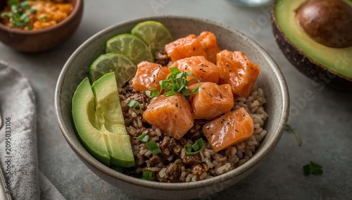 Healthy Meal With Salmon, Barley, and Avocado Served on a Table With Green Ve...