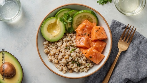 Healthy Meal With Salmon, Barley, and Avocado Served on a Table With Green Ve...