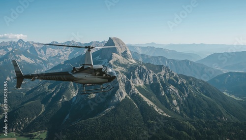 Helicopter Flies Over Mountain Range During Clear Sky at Daylight