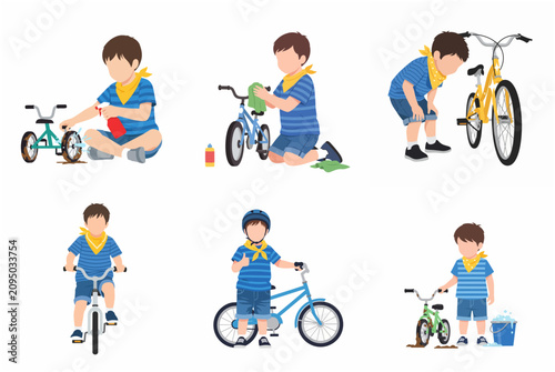 Tableau sur toile Little boy cleaning and riding bicycle set