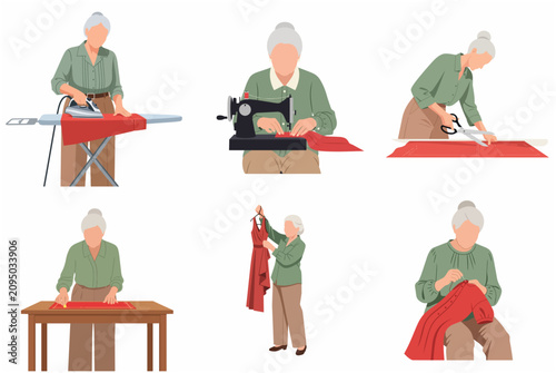 Obraz na plátně Flat vector illustration set of a senior woman tailor performing various dressmaking tasks such as sewing, ironing, cutting fabric, and garment inspection