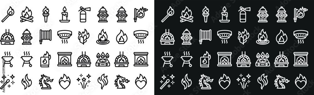 Fototapeta premium A comprehensive collection of fire and flame related vector icons presented in both black outline on white background and white outline on black background styles