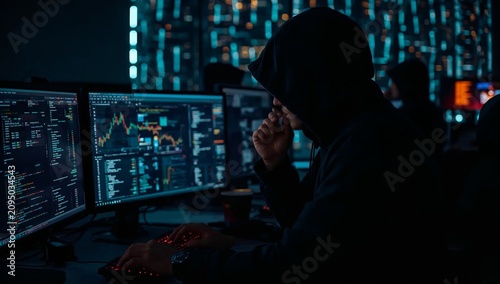 Expert Works on Data Analysis in Dark Room Filled With Monitors and Screens
