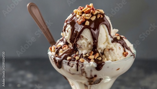 Delicious Ice Cream Sundae With Chocolate Sauce and Nuts in a Glass Bowl
