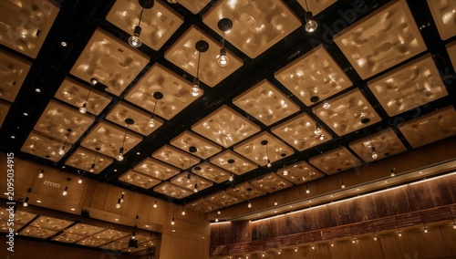 View of the Unique Ceiling Design in a Concert Hall With Lights at a Performa...
