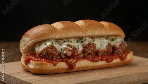 Delicious Meatball Sub With Cheese and Sauce on a Wooden Board
