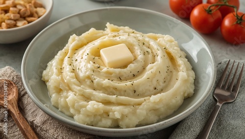 Mashed Potatoes Served With Butter and Herbs Next to Fresh Tomatoes in a Simp...
