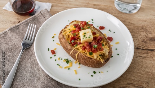 Delicious Baked Potato Served With Cheese, Bacon Bits, and Chives on a Wooden...