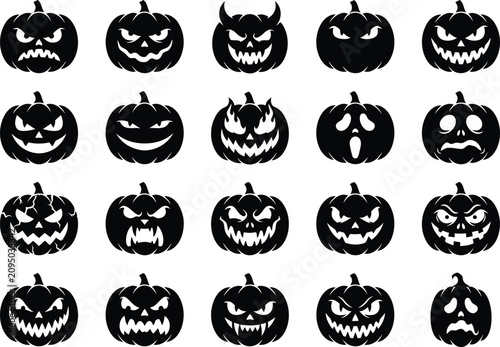 Fotografija Spooky Halloween pumpkin faces vector graphics for seasonal designs and decorati